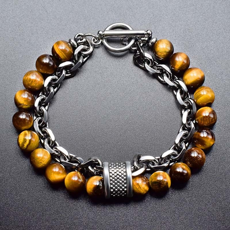 Tiger Eye Stone Beaded Bracelet Stainless Steel